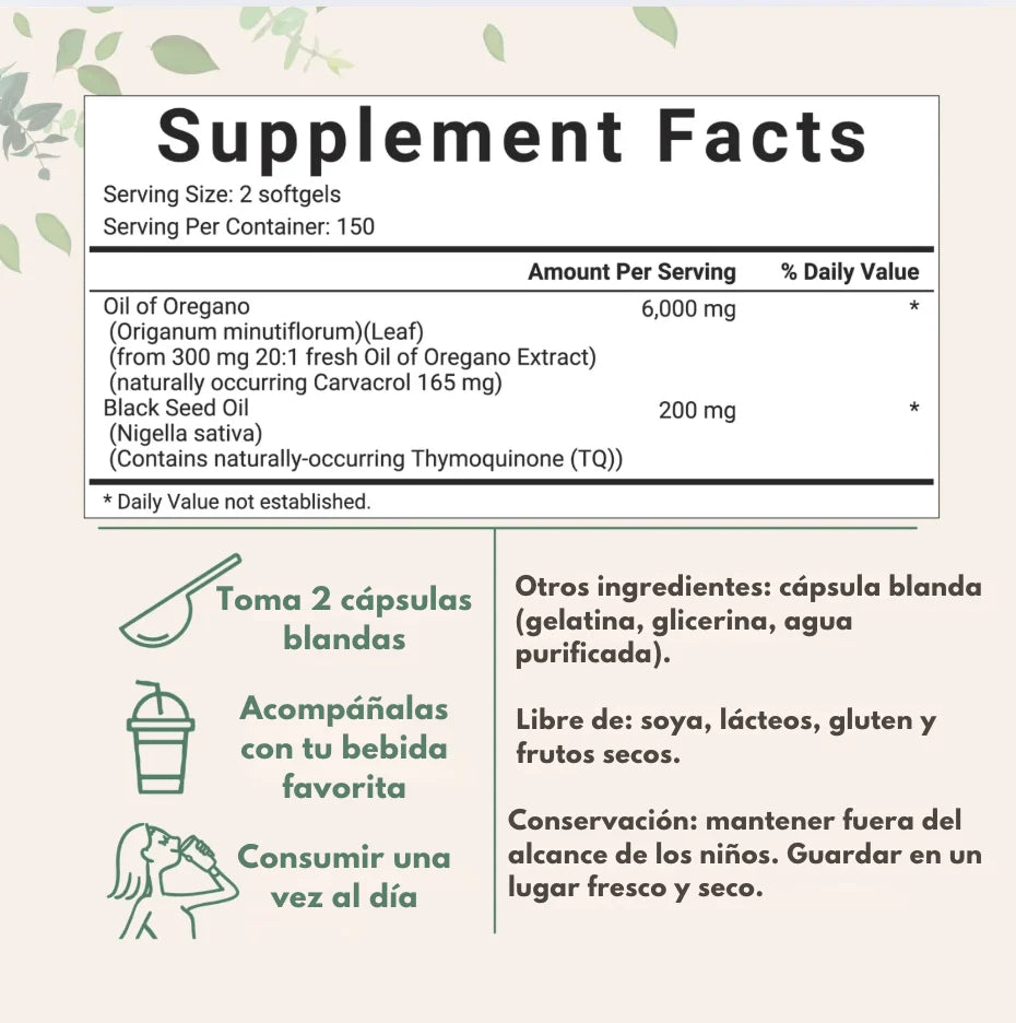 120 CÁPSULAS BLANDAS DE ACEITE DE ORÉGANO - OREGAN PRO - CONPRE 1 Y LEVE 2 🌱